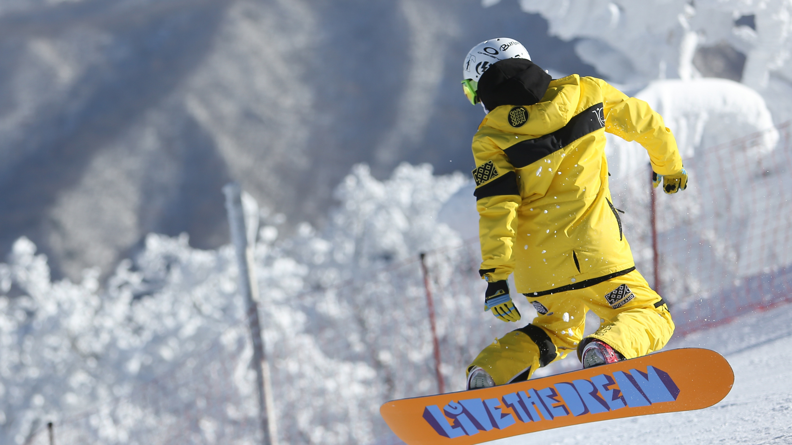 Обои лыжи, горнолыжный курорт, снег, слоупстайл, желтый в разрешении 2560x1440