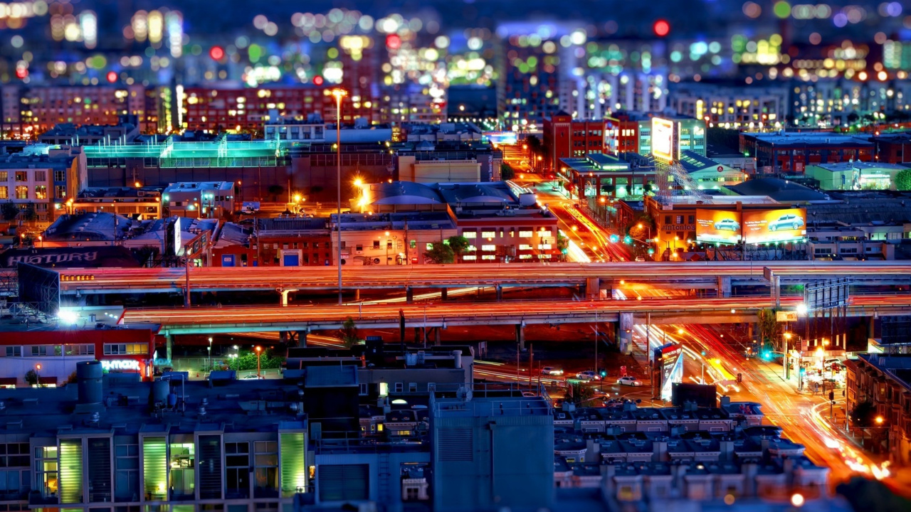 Обои ночь, боке, скорость затвора, городской район, городской пейзаж в разрешении 1280x720