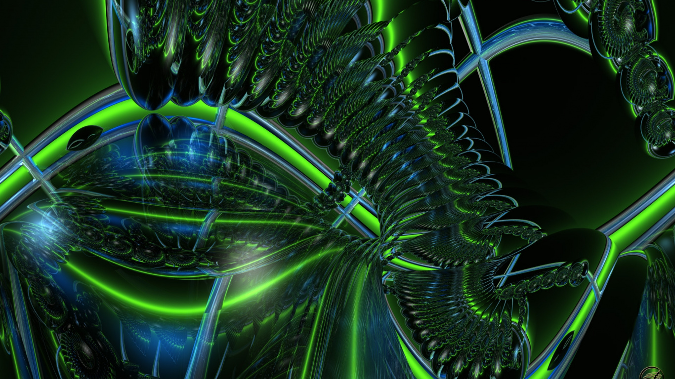 Обои фрактальное искусство, зеленый, космос, макросъемка, спецэффекты в разрешении 1366x768