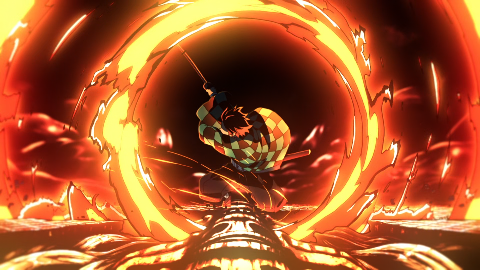 Обои аниме, хиноками кагура муген поезд, Танджиро Камадо, убийца демонов kimetsu no yaiba, кагура в разрешении 1920x1080