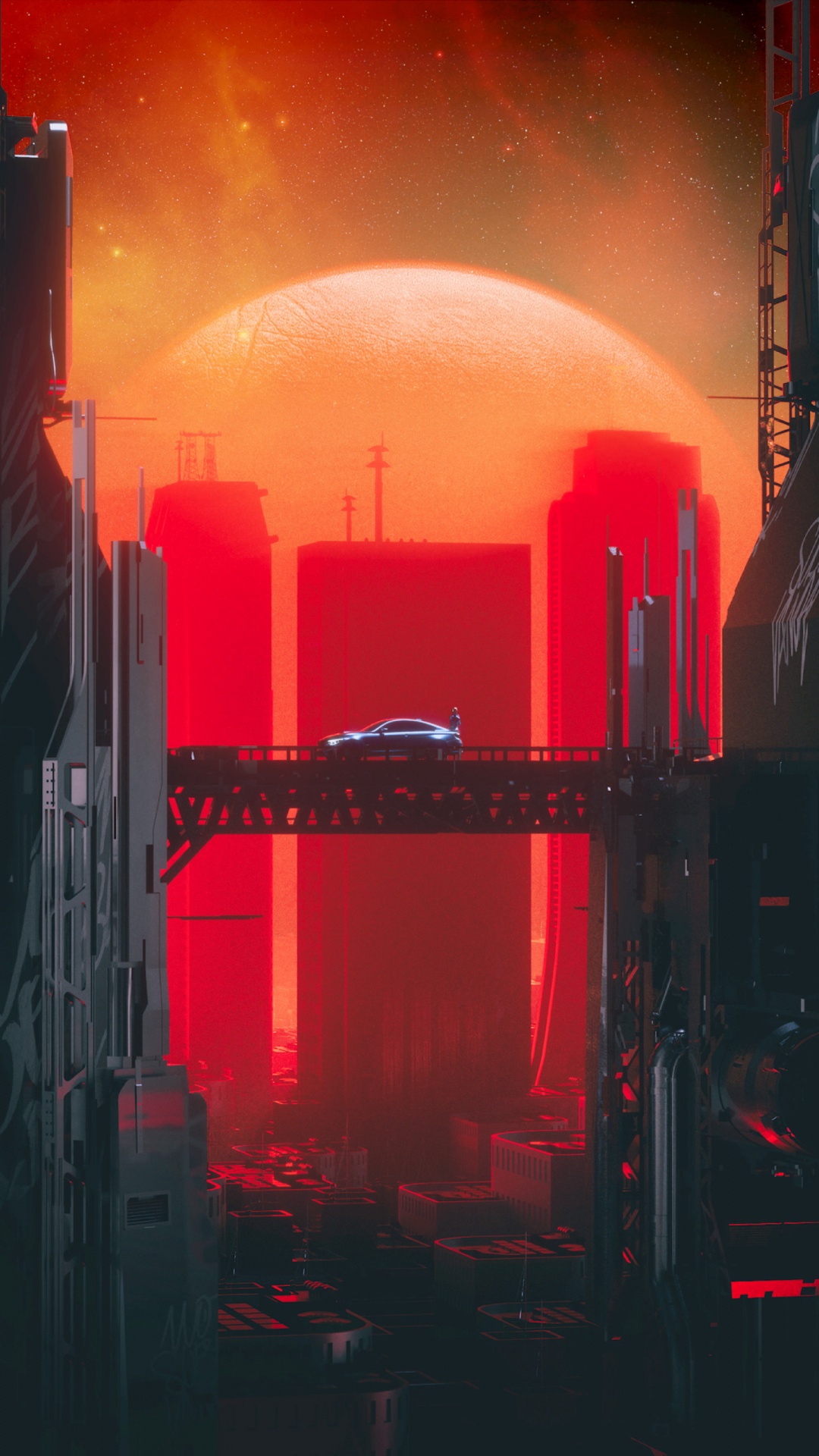 Обои Киберпанк, красный цвет, автомобиль, ночь, Научная фантастика в разрешении 1080x1920