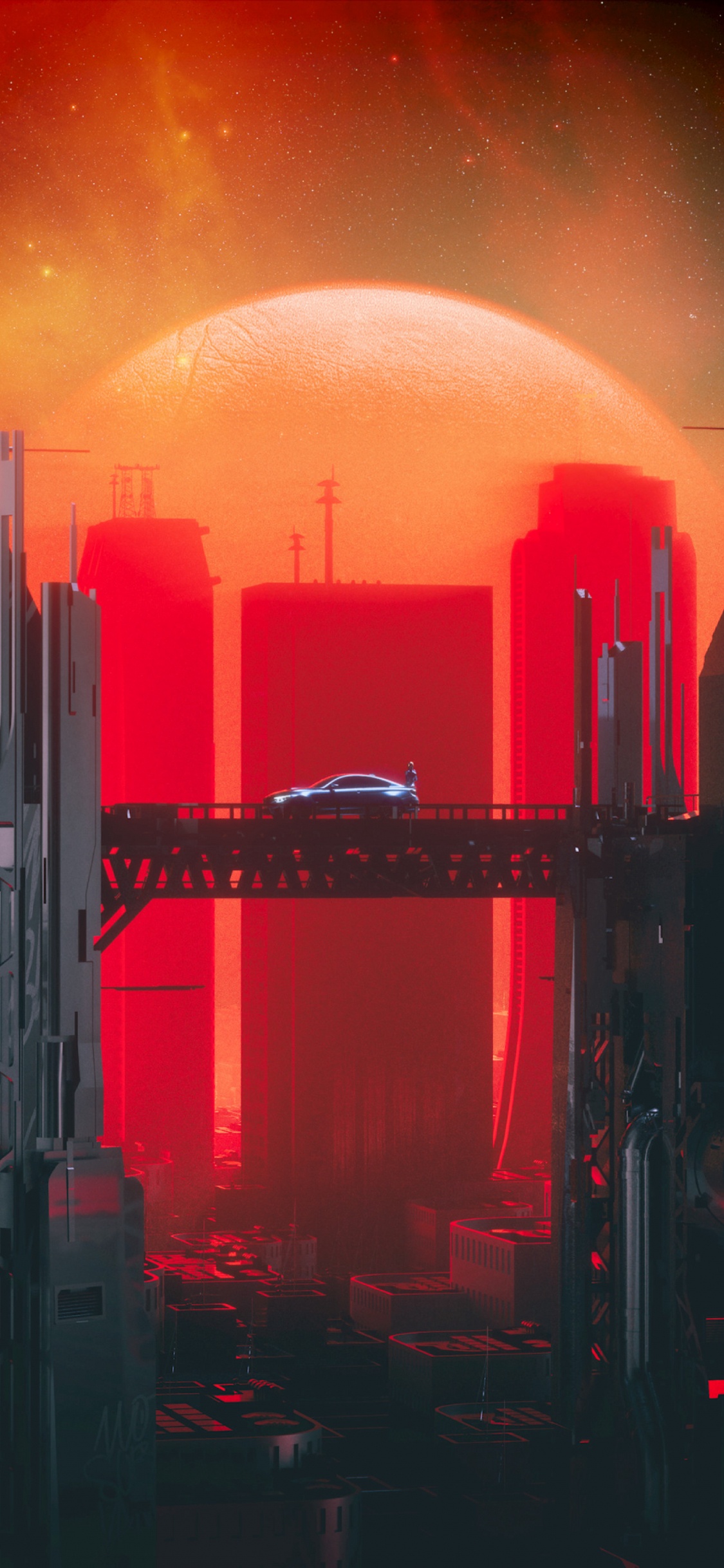Обои Киберпанк, красный цвет, автомобиль, ночь, Научная фантастика в разрешении 1125x2436