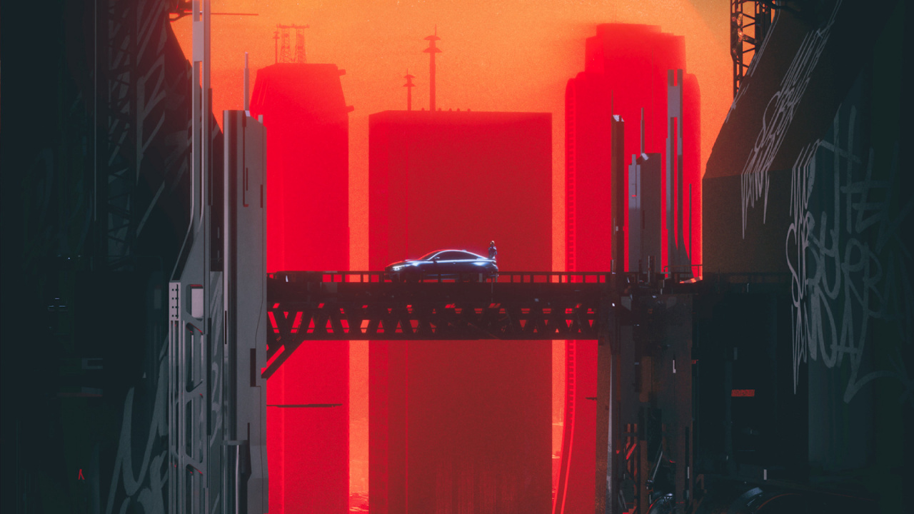 Обои Киберпанк, красный цвет, автомобиль, ночь, Научная фантастика в разрешении 1280x720