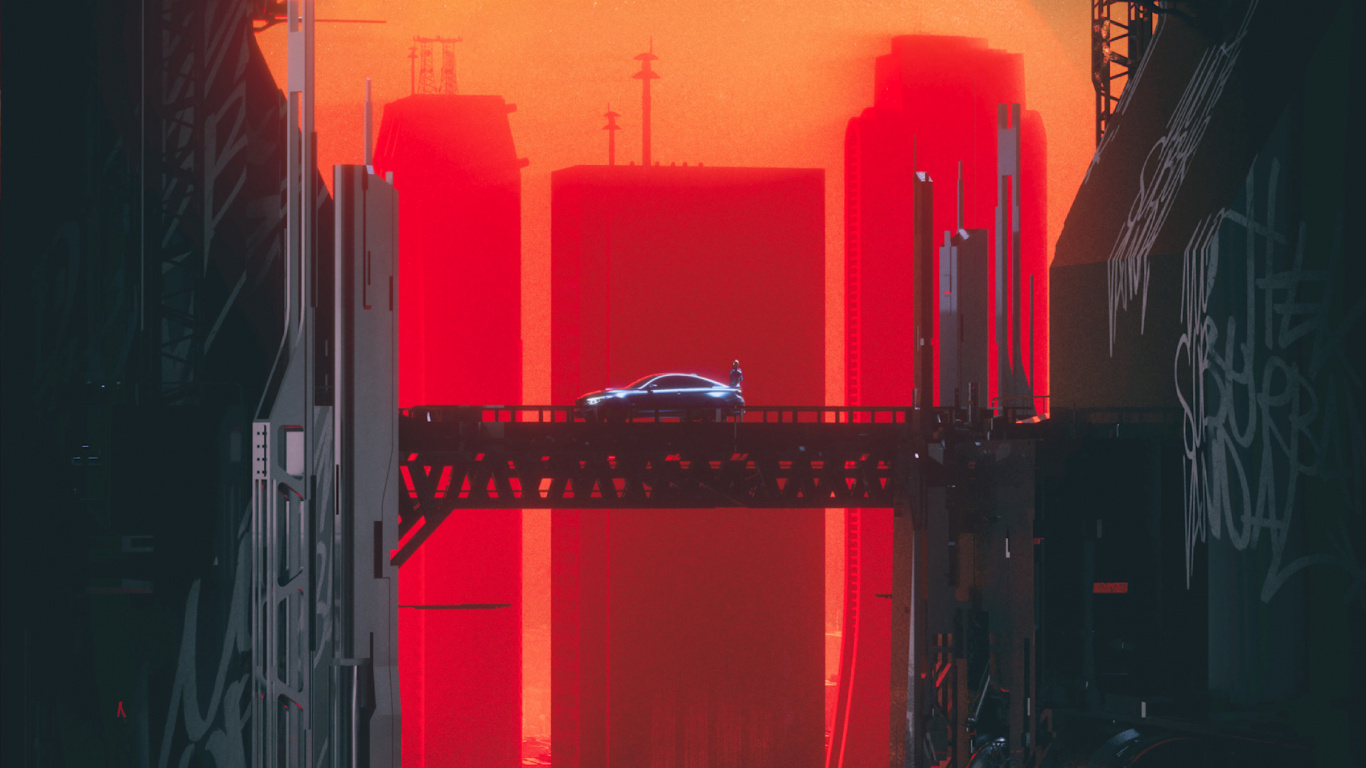 Обои Киберпанк, красный цвет, автомобиль, ночь, Научная фантастика в разрешении 1366x768