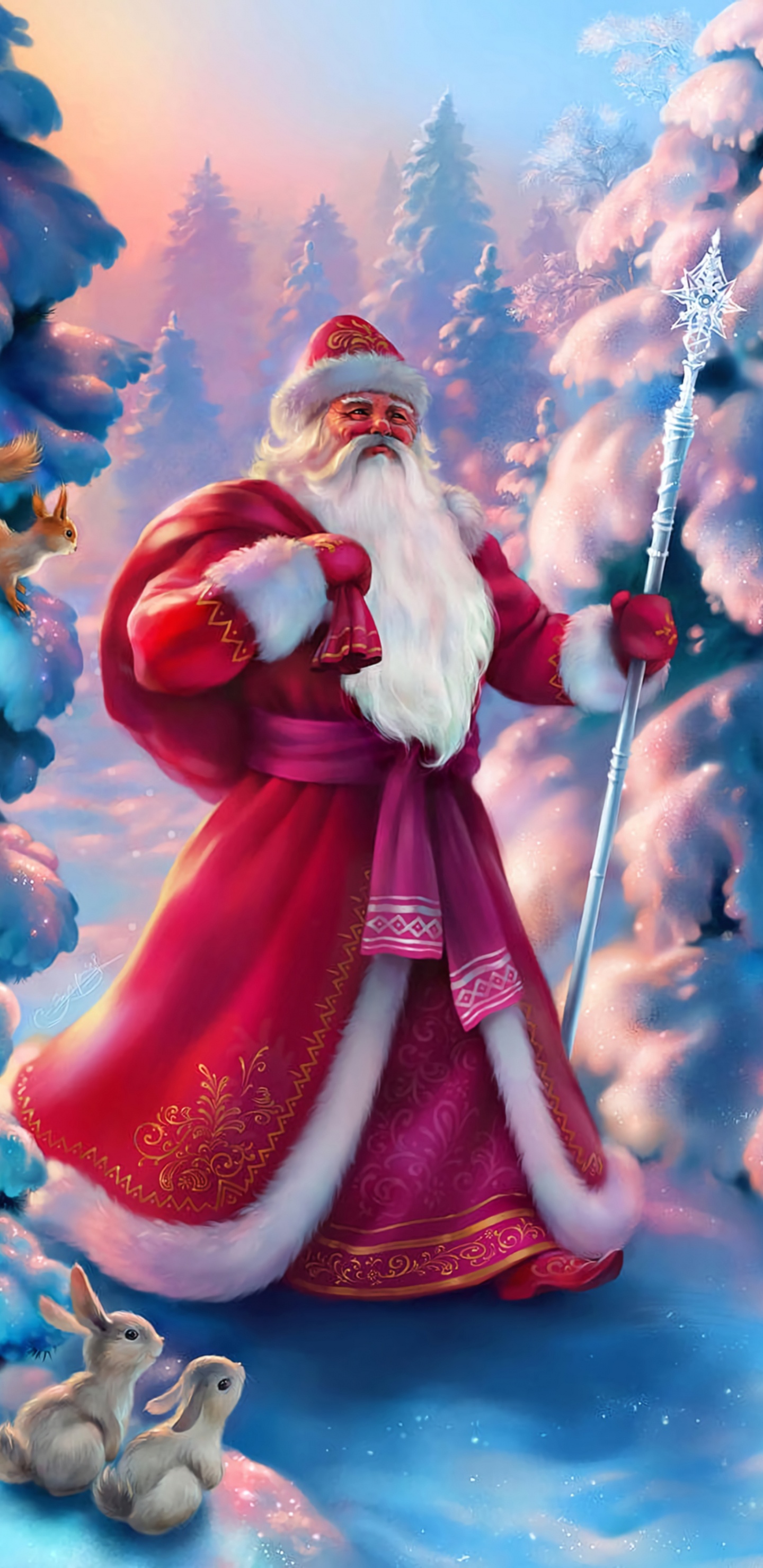 Обои Санта-Клаус, Дед Мороз, Рождественский день, Рождество, анимация в разрешении 1440x2960