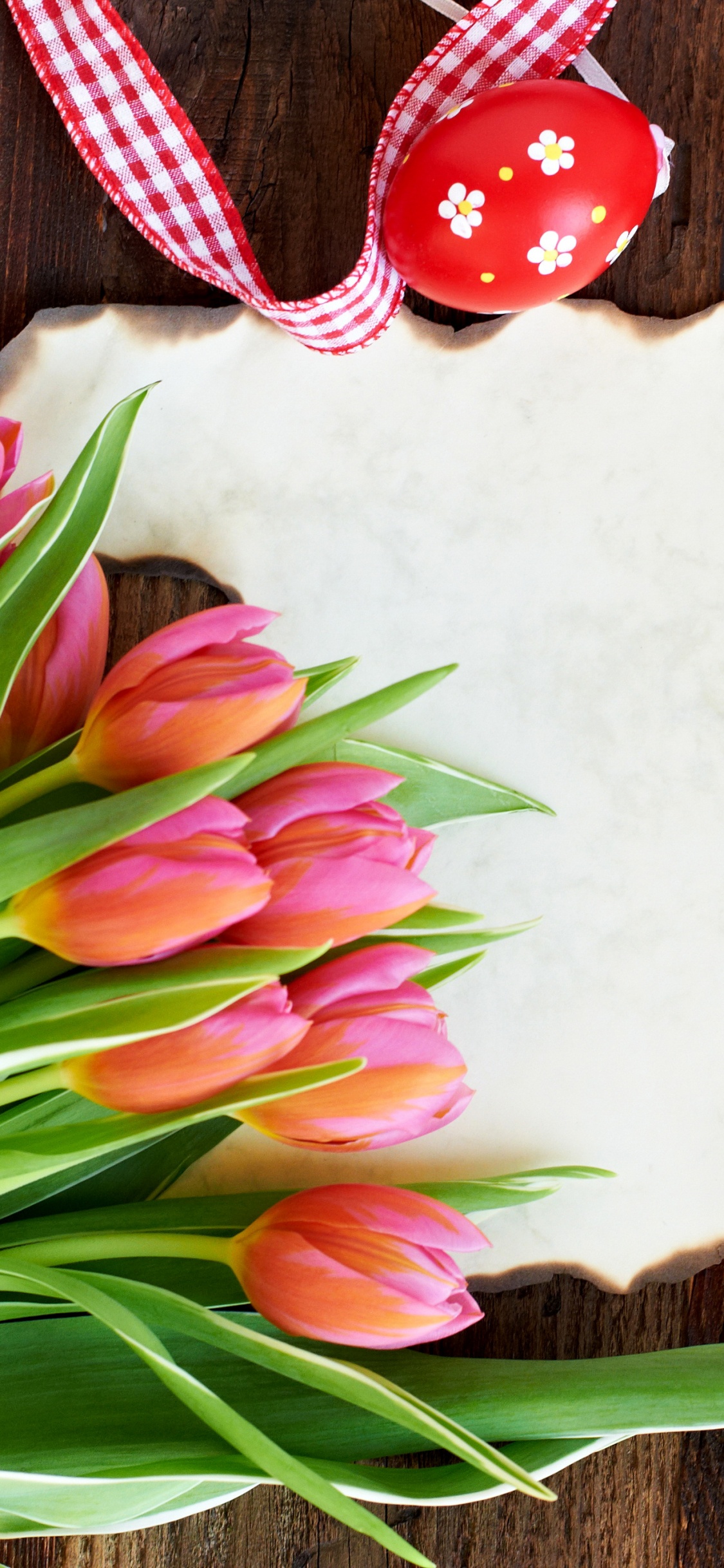 Обои пасхальное яйцо, праздник, пасхальный кролик, тюльпаны, цветок в разрешении 1125x2436