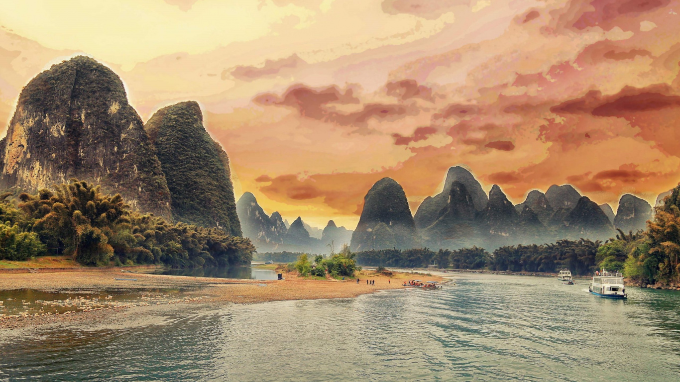 Обои природа, реки, пейзаж, Гуйлинь, пейзажная живопись в разрешении 1366x768