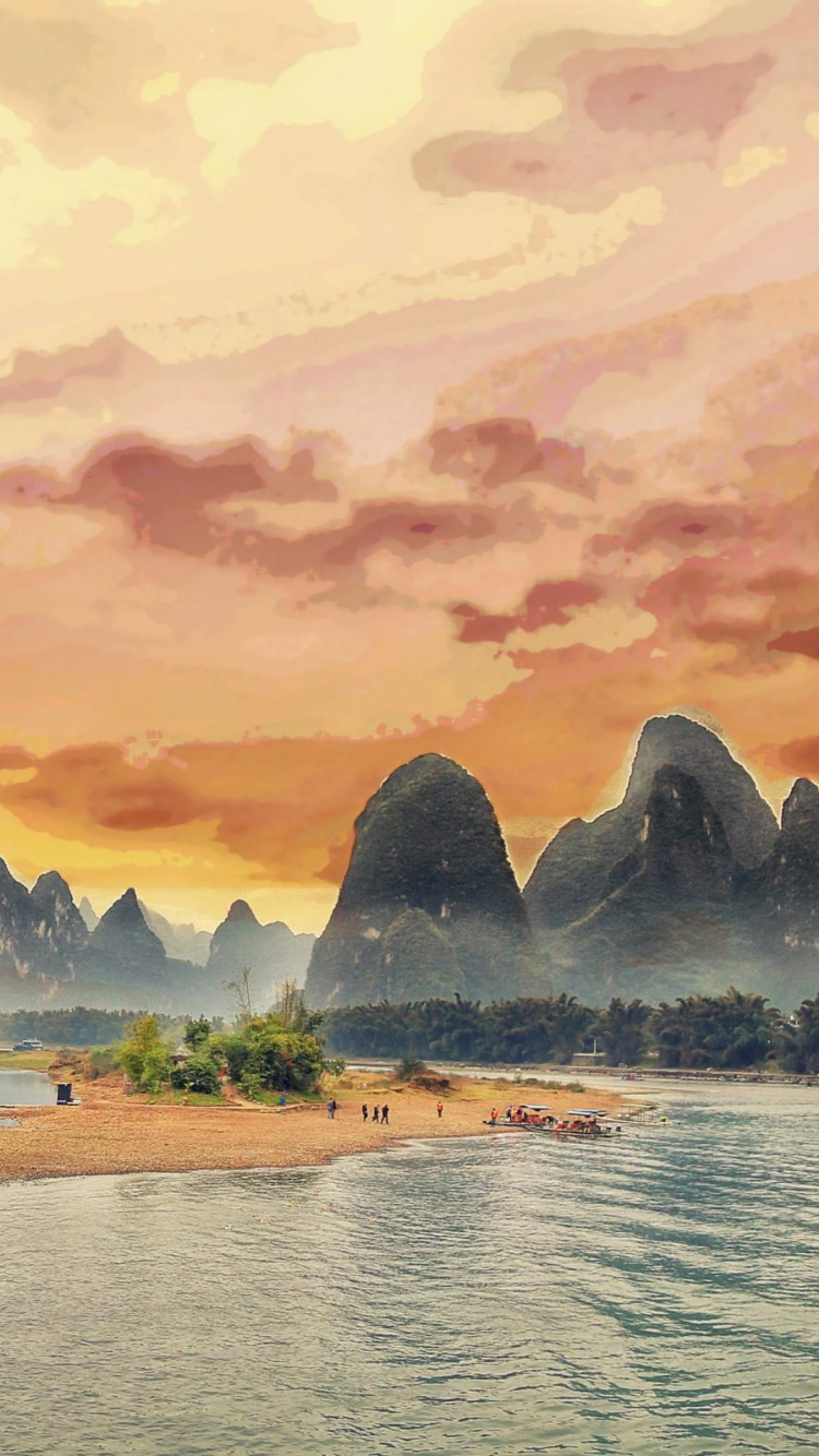 Обои природа, реки, пейзаж, Гуйлинь, пейзажная живопись в разрешении 750x1334