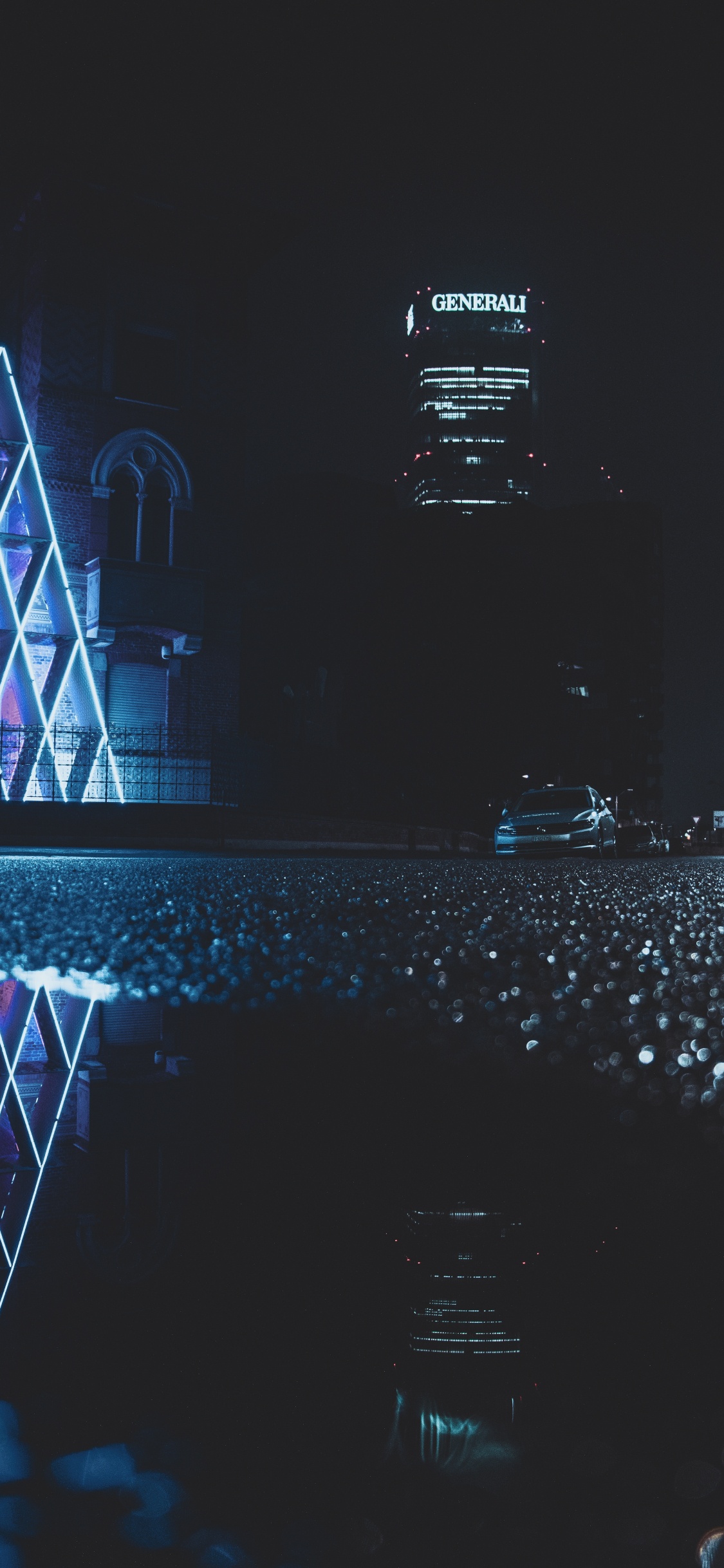 Обои отражение, синий, вода, свет, архитектура в разрешении 1125x2436