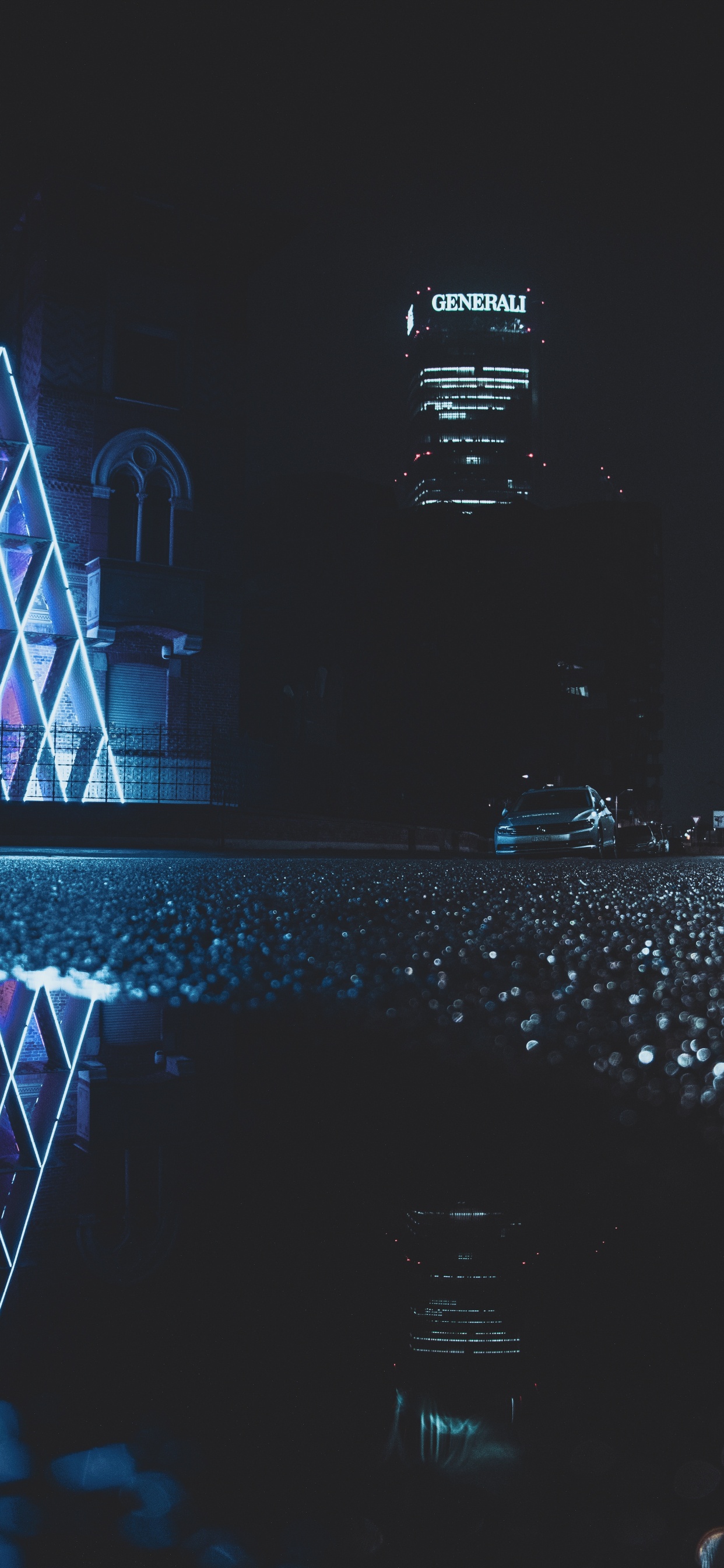 Обои отражение, синий, вода, свет, архитектура в разрешении 1242x2688