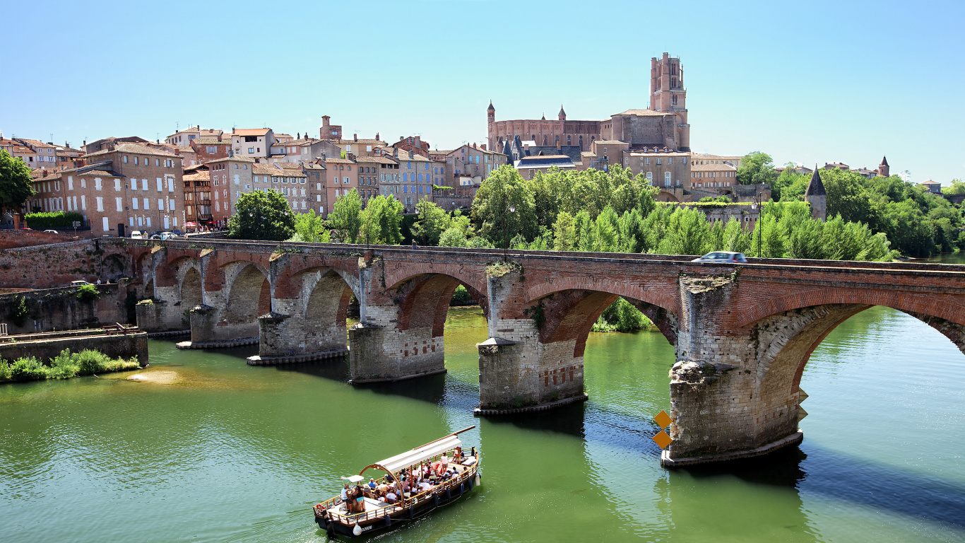Обои кафедральный собор Альби, арочный мостик, мост, водный путь, реки в разрешении 1366x768