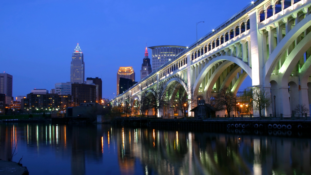 Обои отражение, мост, городской пейзаж, город, ночь в разрешении 1280x720