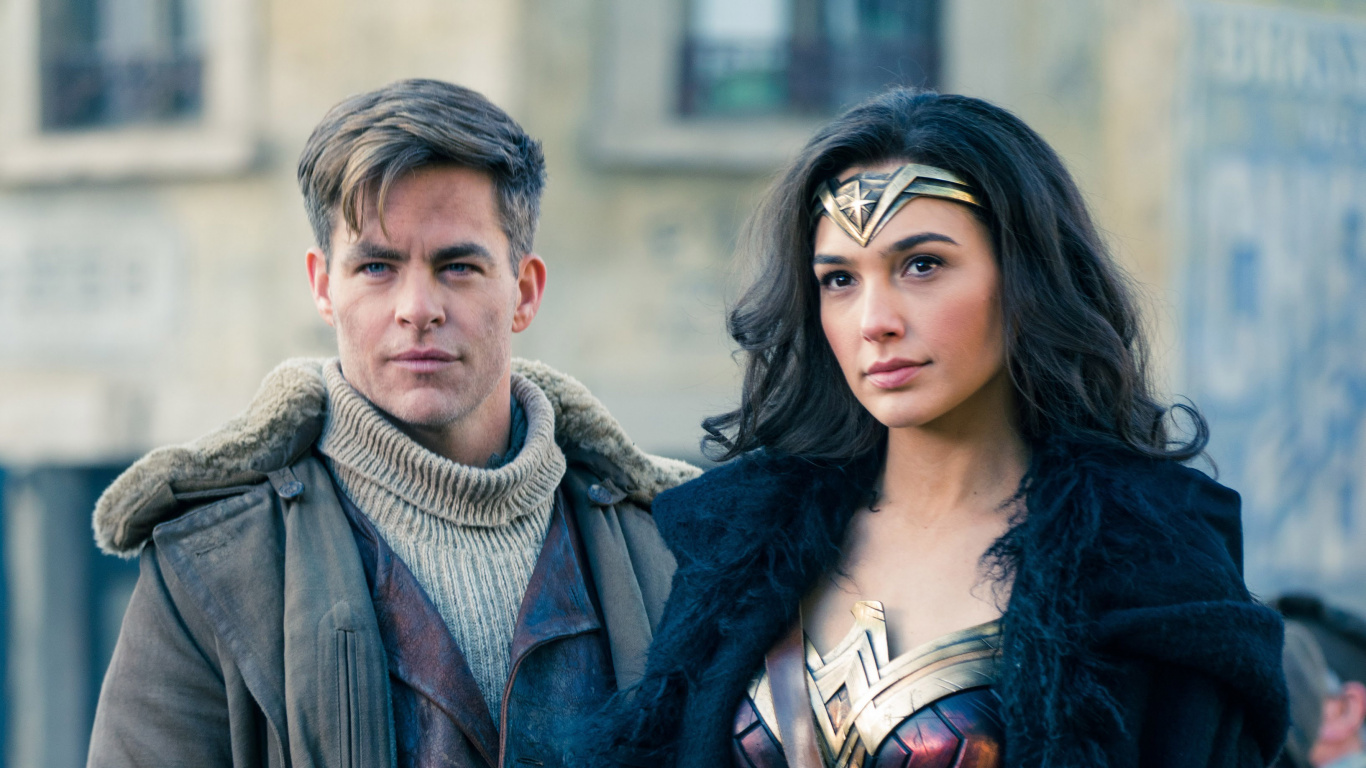 Обои чудоженщина, Гал гадот, Крис Пайн, Чудо-Женщина 1984, Стив Тревор в разрешении 1366x768