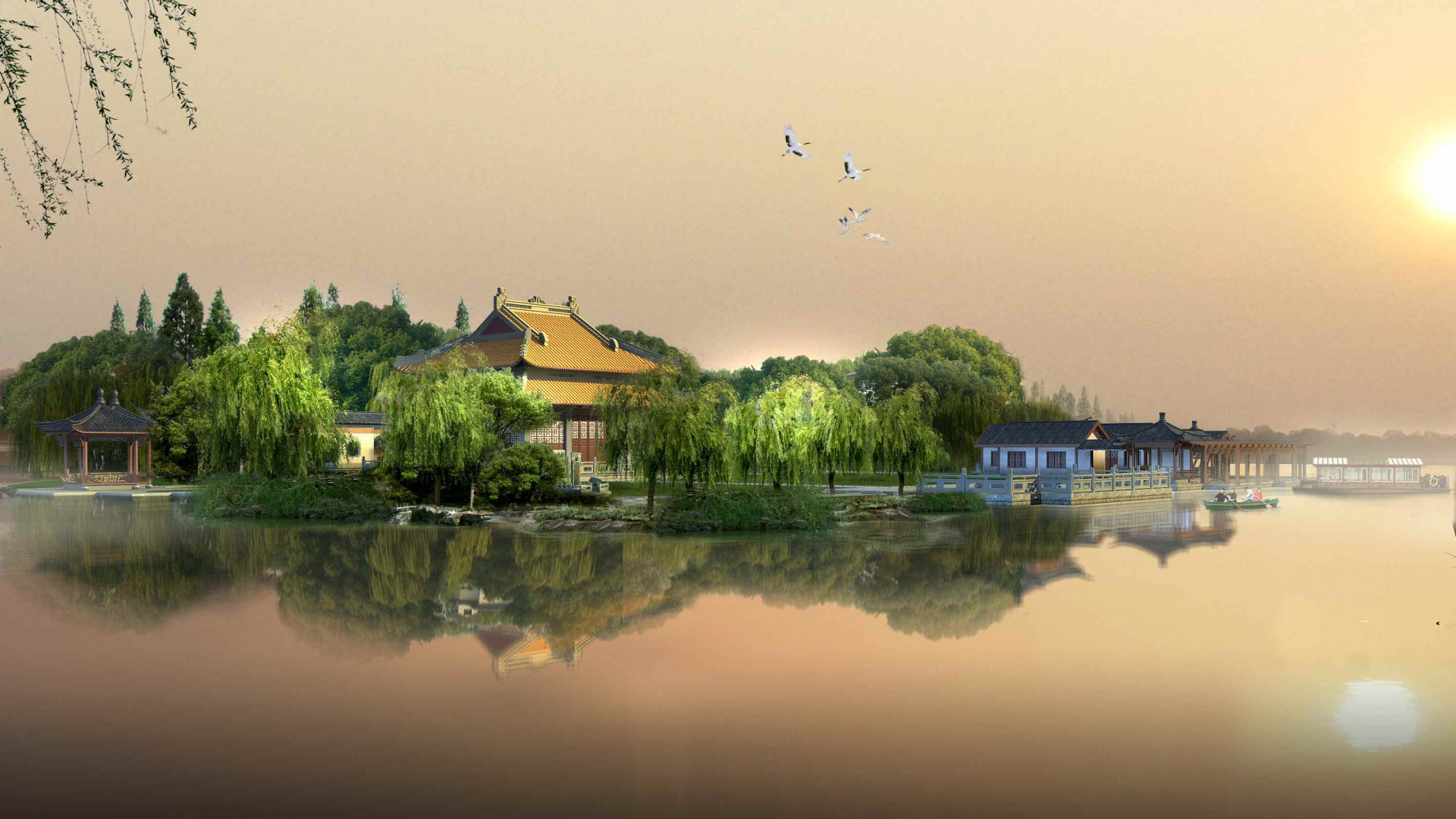 Обои архитектура, отражение, природа, вода, реки в разрешении 1920x1080