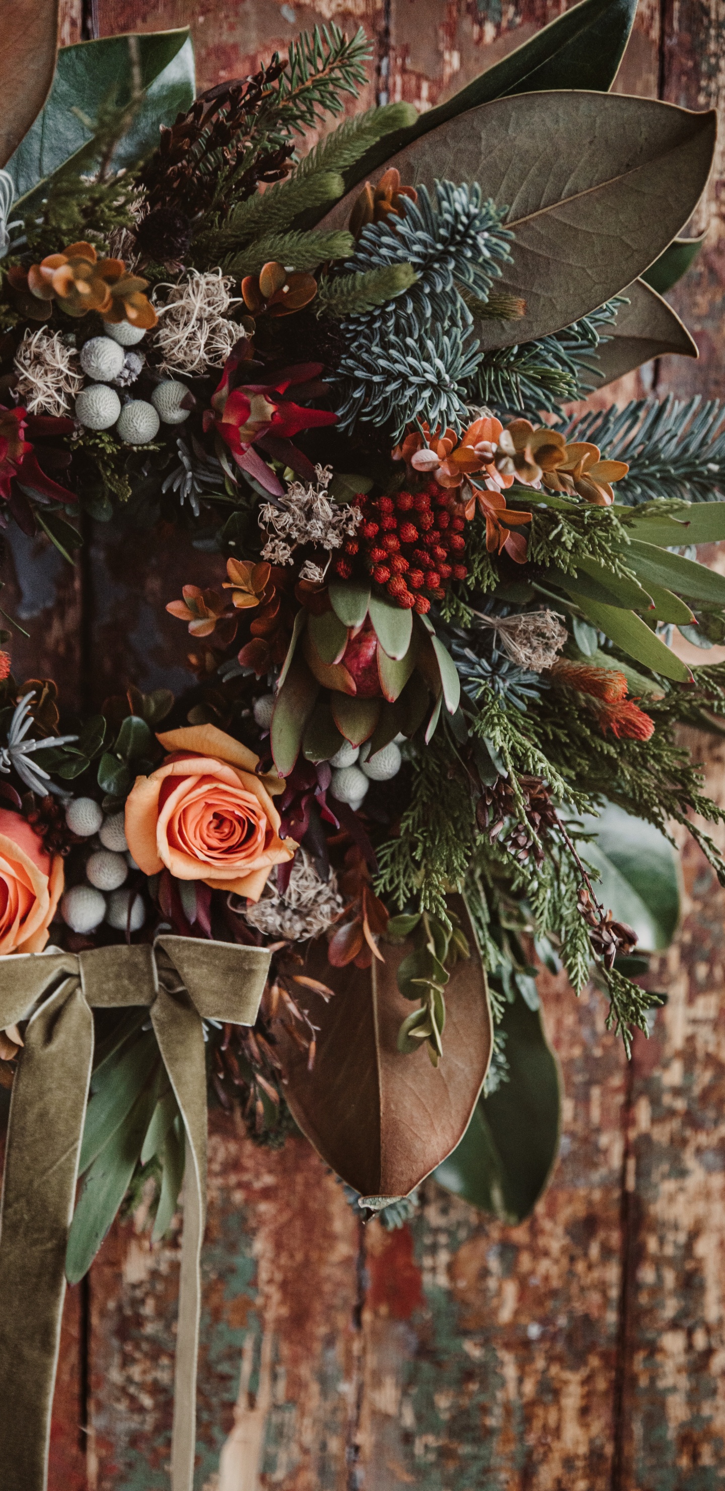 Обои цветочный дизайн, венок, Рождественские украшения, цветок, растение в разрешении 1440x2960