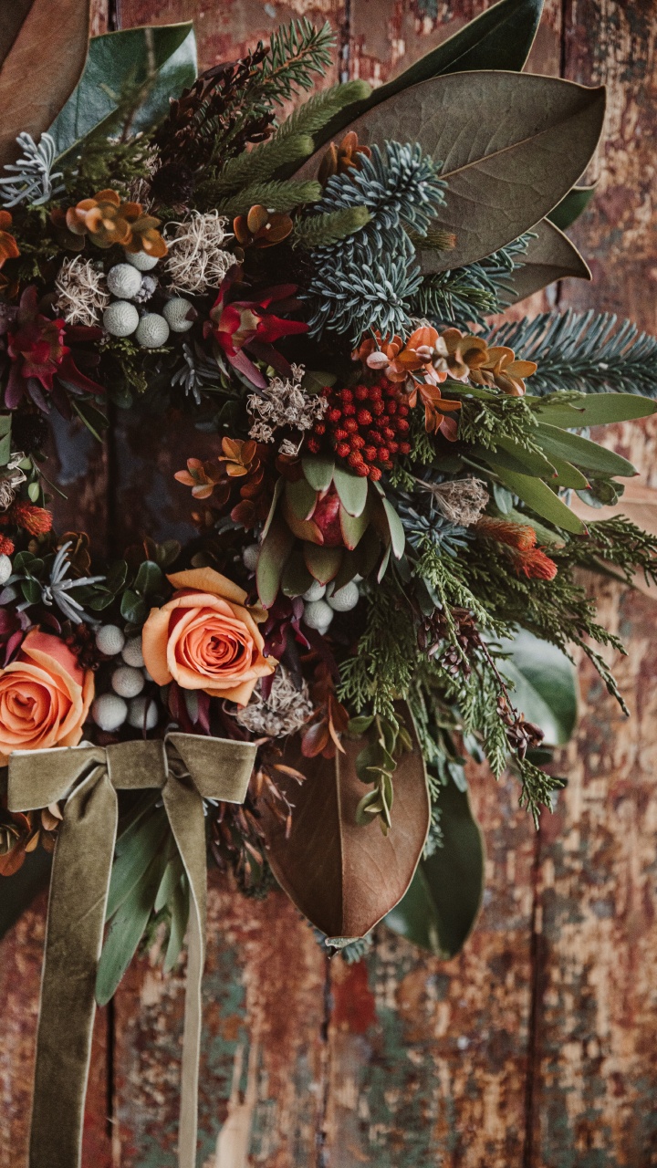 Обои цветочный дизайн, венок, Рождественские украшения, цветок, растение в разрешении 720x1280