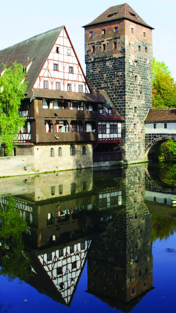 Обои мост henkersteg, Нюрнберг, корабль, круизное судно, отражение в разрешении 750x1334