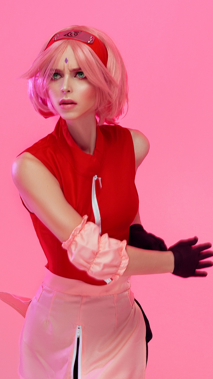 Обои Сакура Харуно, аниме, косплей, розовый, пурпурный цвет в разрешении 720x1280