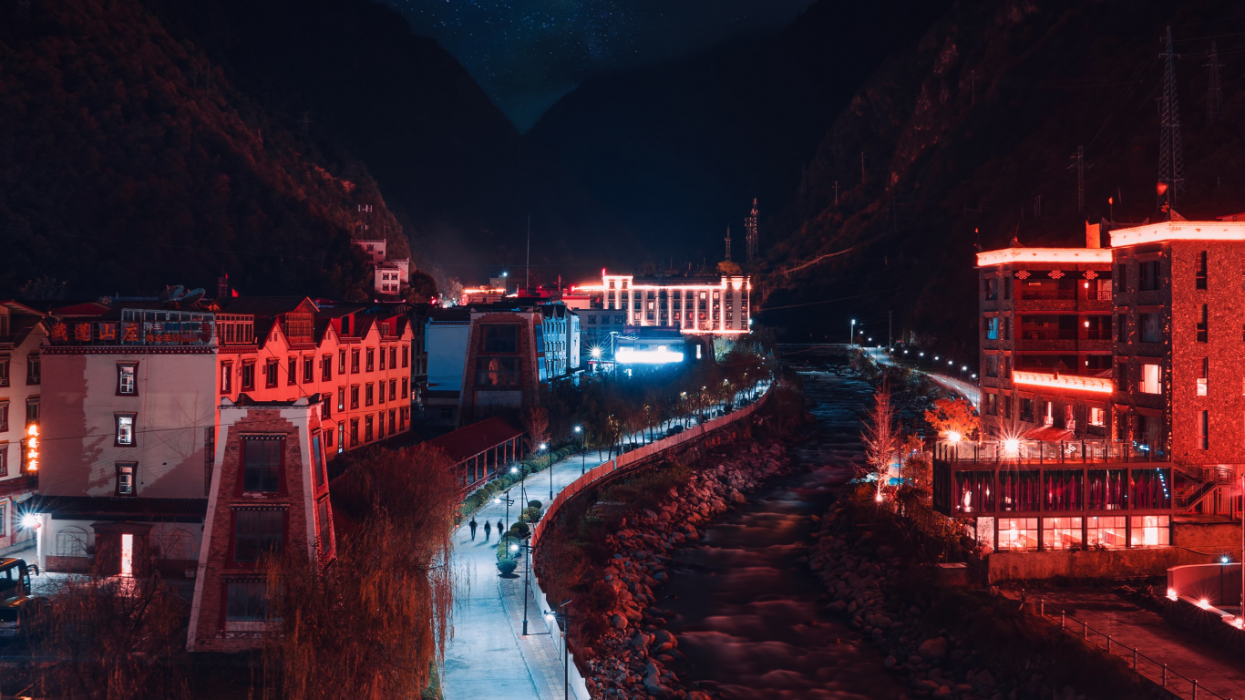 Обои ночь, красный цвет, свет, водный путь, освещение в разрешении 1366x768