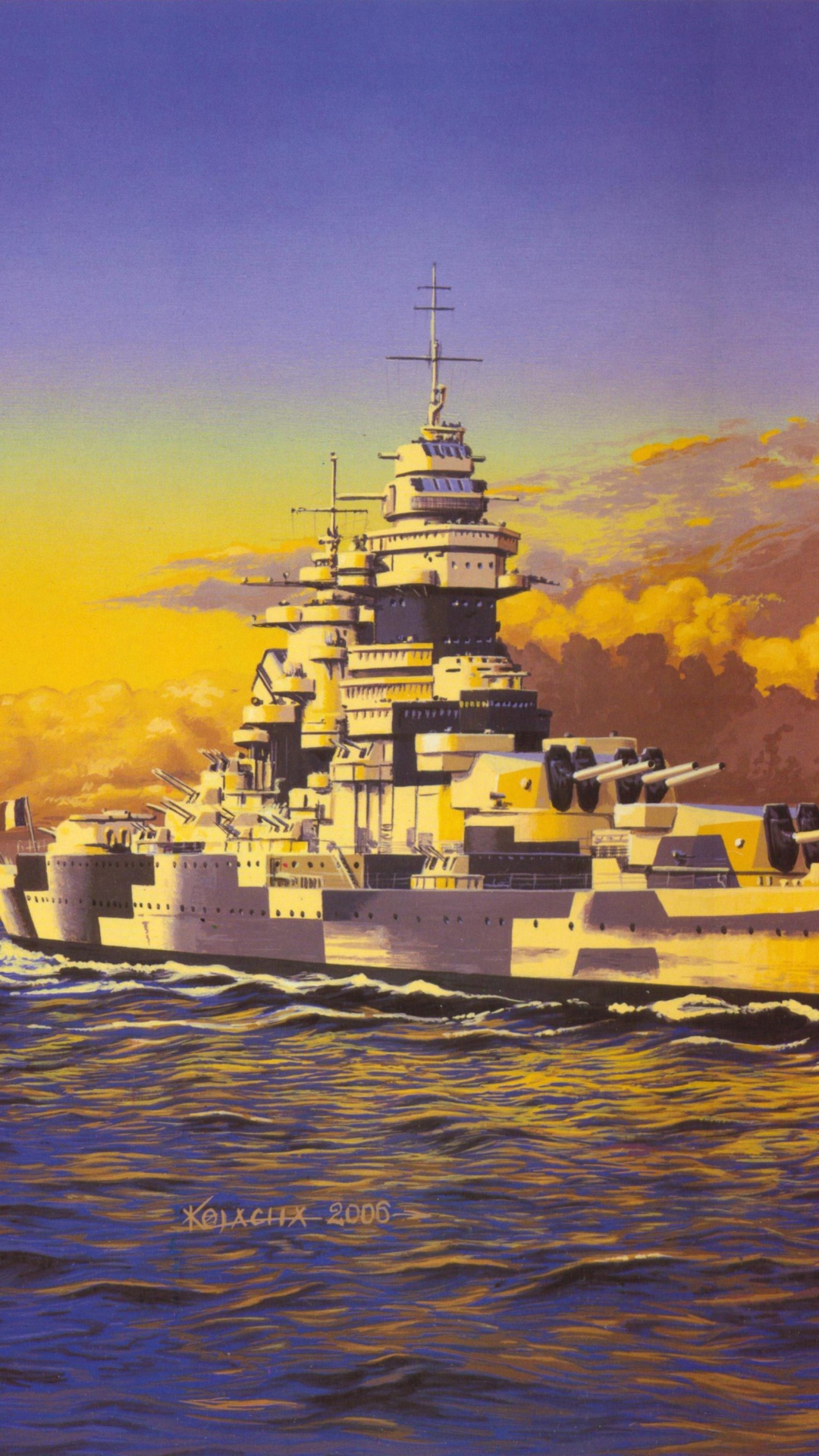 Обои японский Линкор Ямато, Линкор, военный корабль, живопись, арт в разрешении 1080x1920