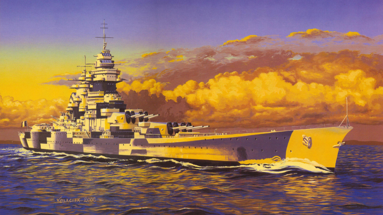 Обои японский Линкор Ямато, Линкор, военный корабль, живопись, арт в разрешении 1280x720