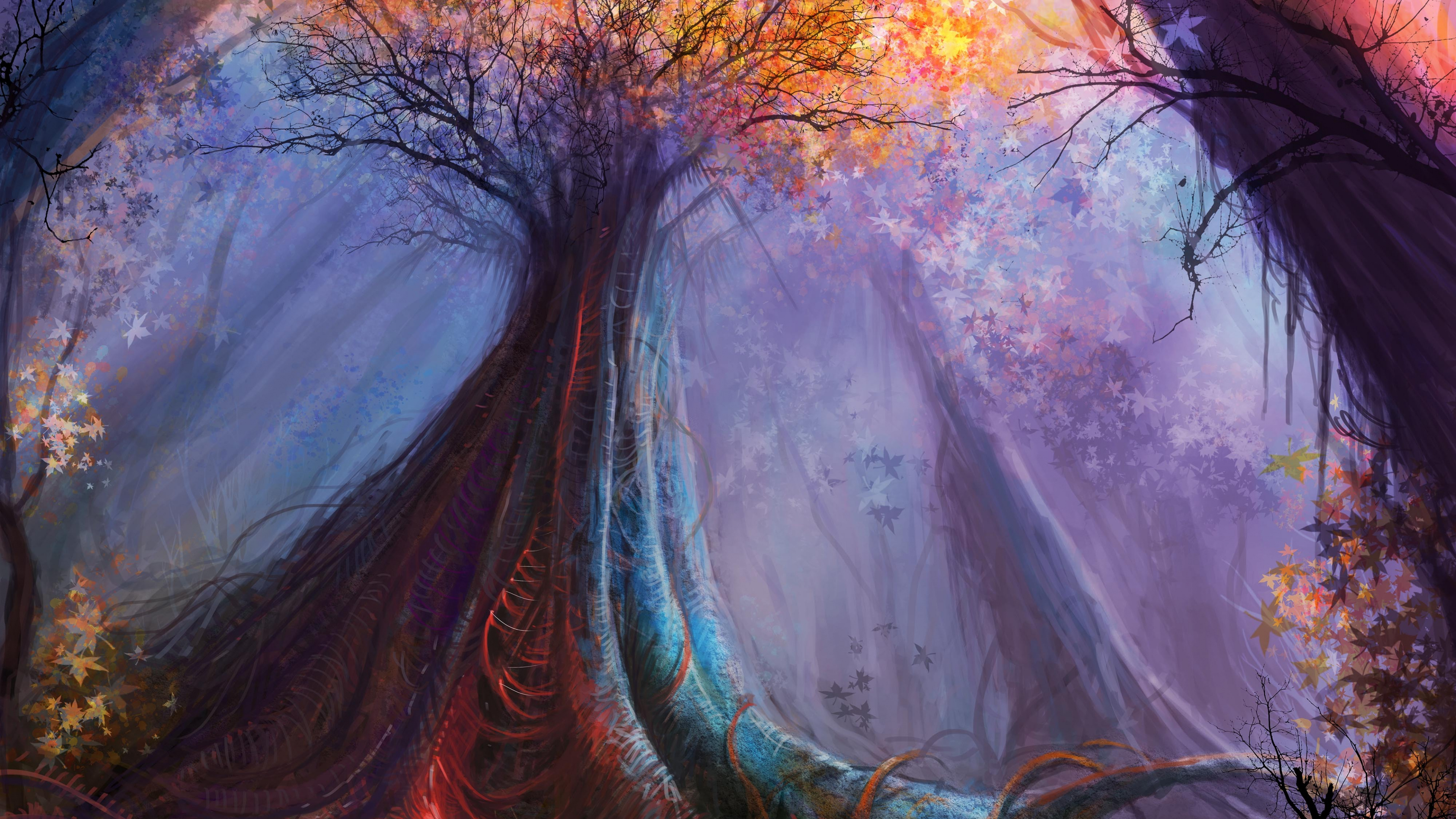 Обои арт, живопись, пурпур, дерево, лес в разрешении 3840x2160
