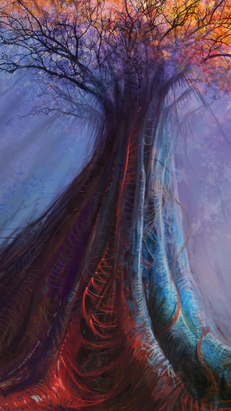 Обои арт, живопись, пурпур, дерево, лес в разрешении 750x1334