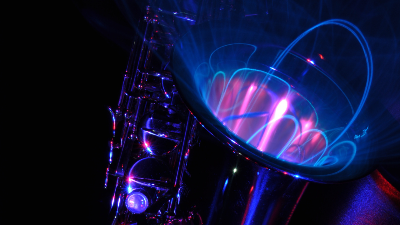 Обои саксофон, джаз, синий, пурпур, свет в разрешении 1280x720