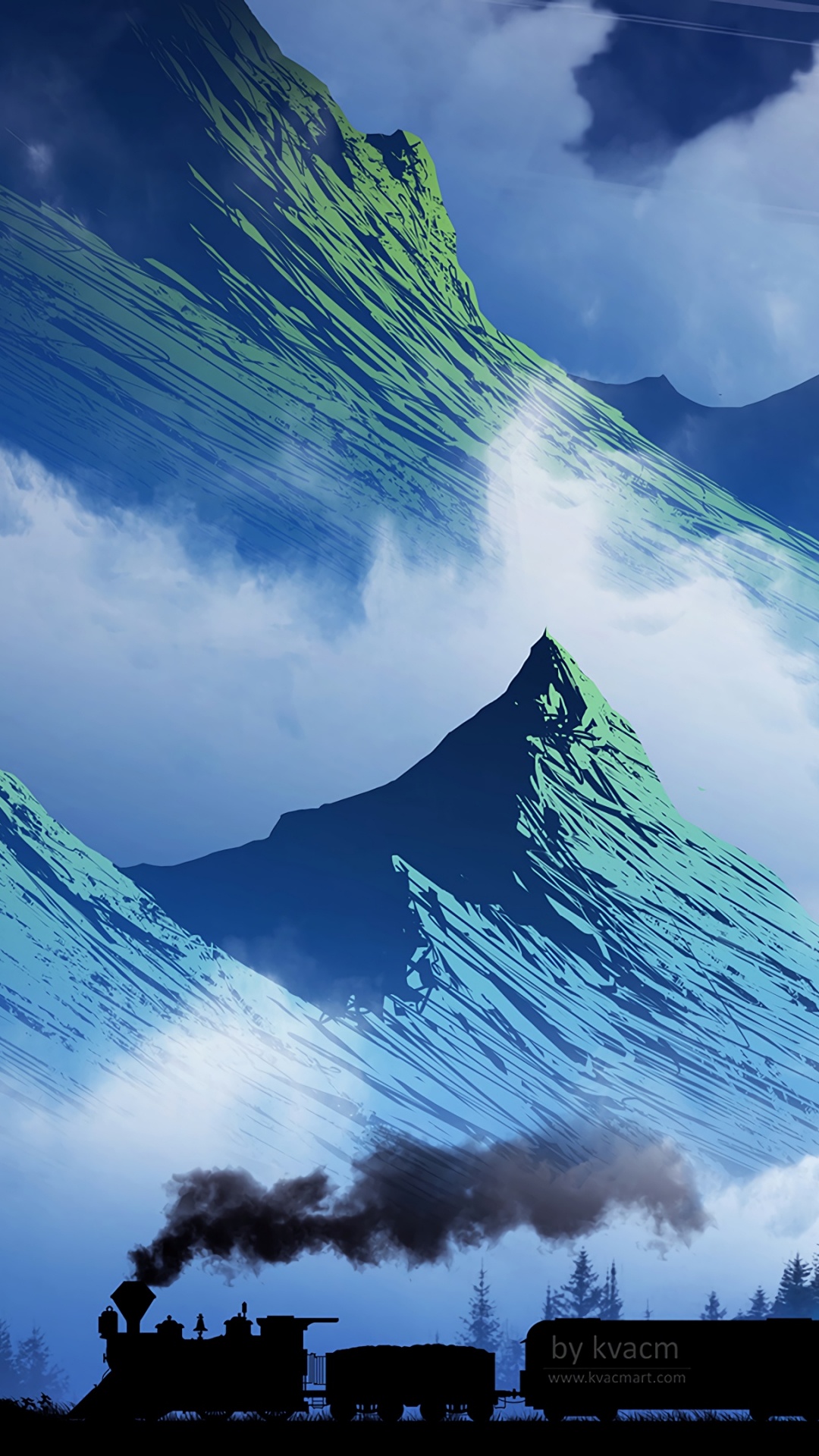 Обои поезд, арт, гора, природа, природный ландшафт в разрешении 1080x1920