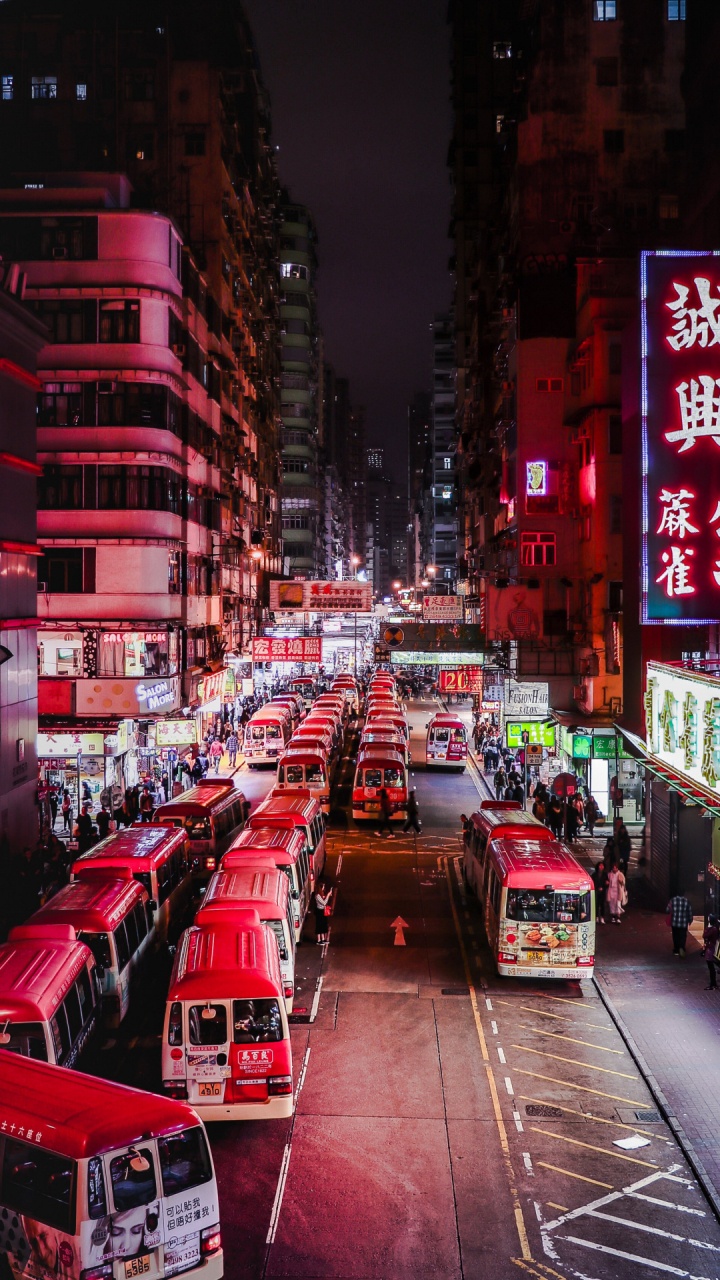 Обои уличный автобус гонконг ночной вид, автобус, Гонконг, транспорт, город в разрешении 720x1280