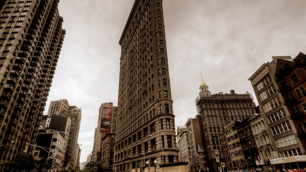 Обои Флэтайрон-Билдинг, небоскреб, городской район, метрополия, ориентир в разрешении 1280x720