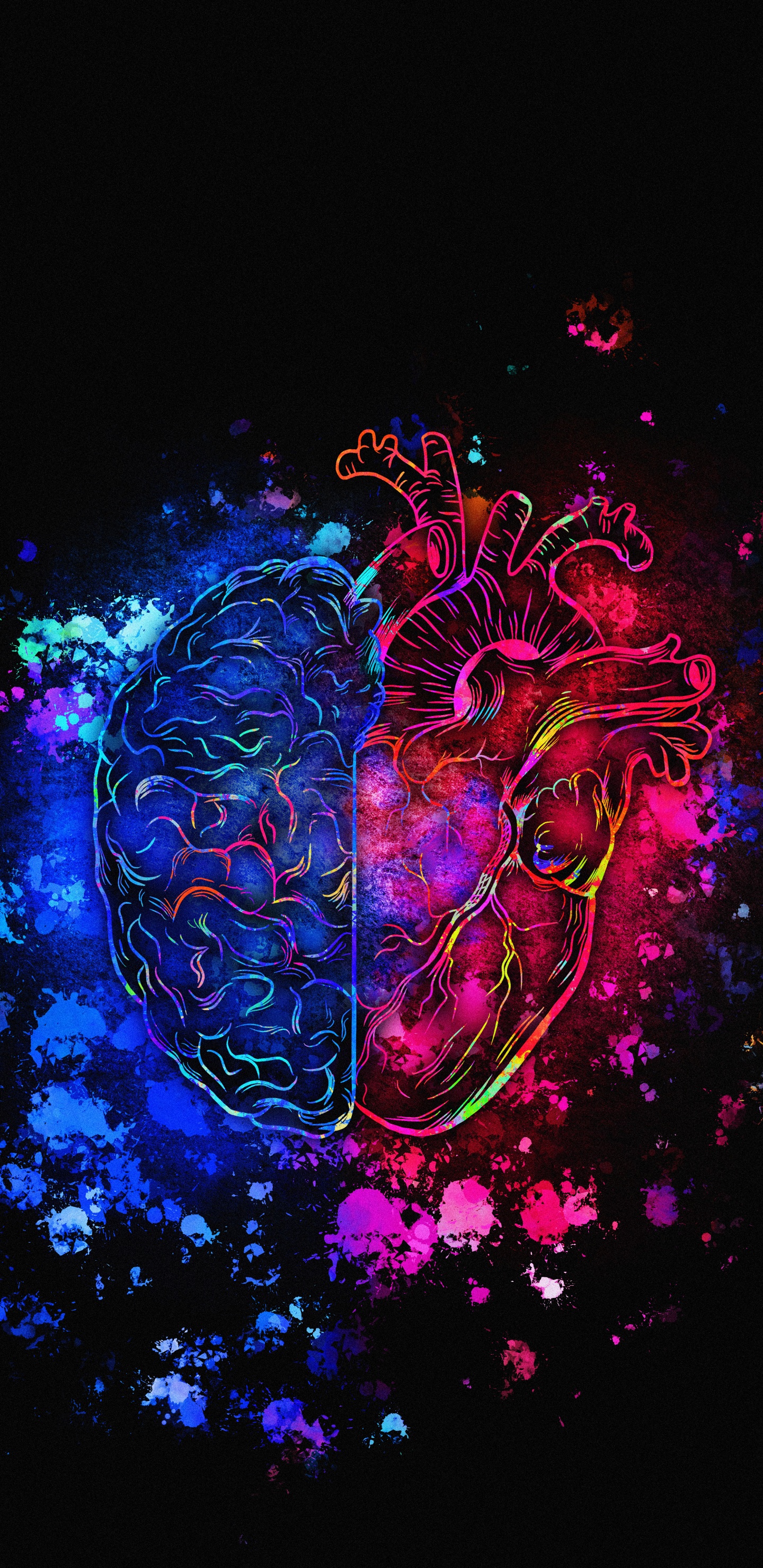 Обои мозг и сердце неон, мозг, сердце, арт, графический дизайн в разрешении 1440x2960