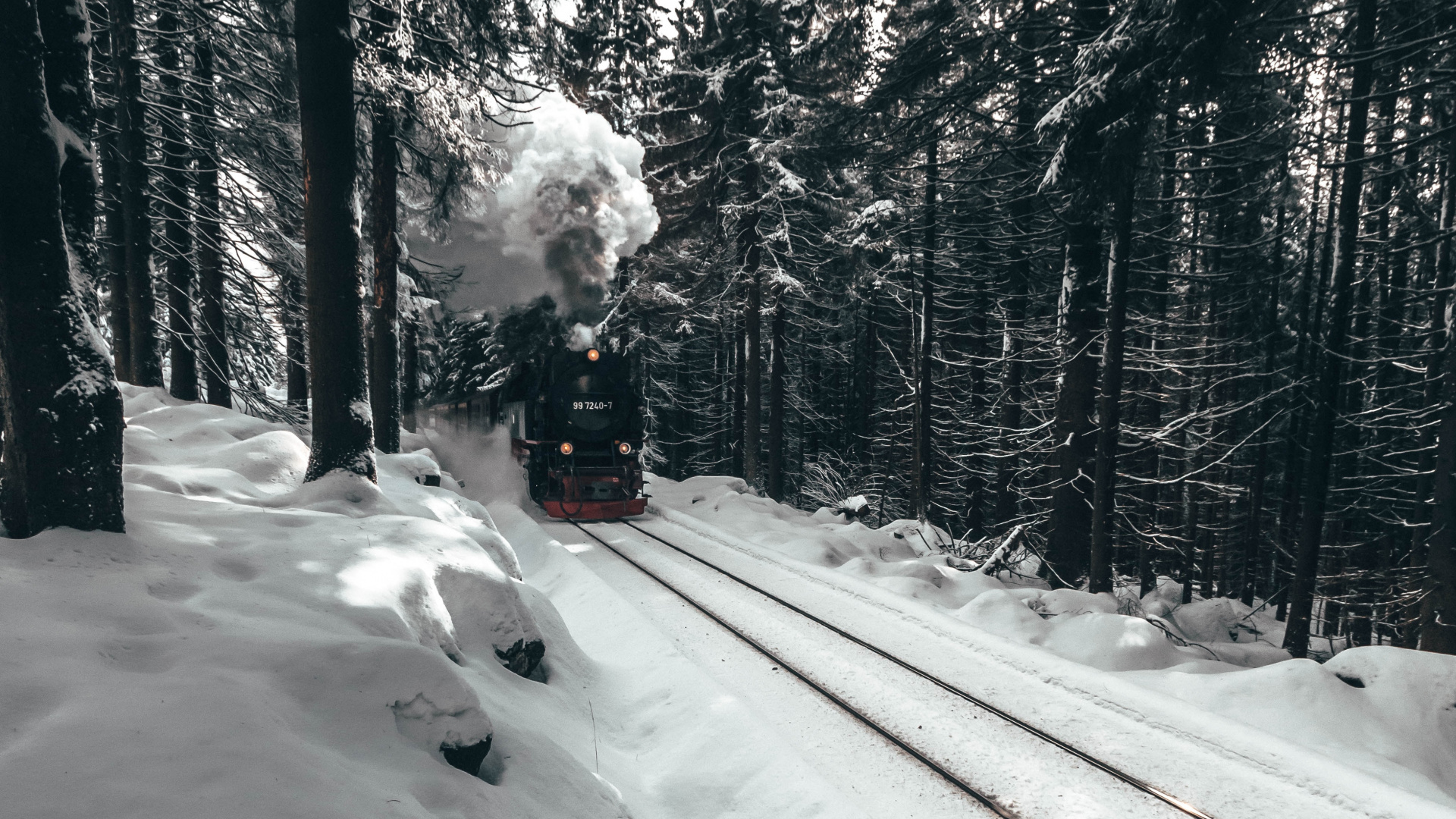 Обои поезд, зима, снег, белые, дерево в разрешении 1920x1080