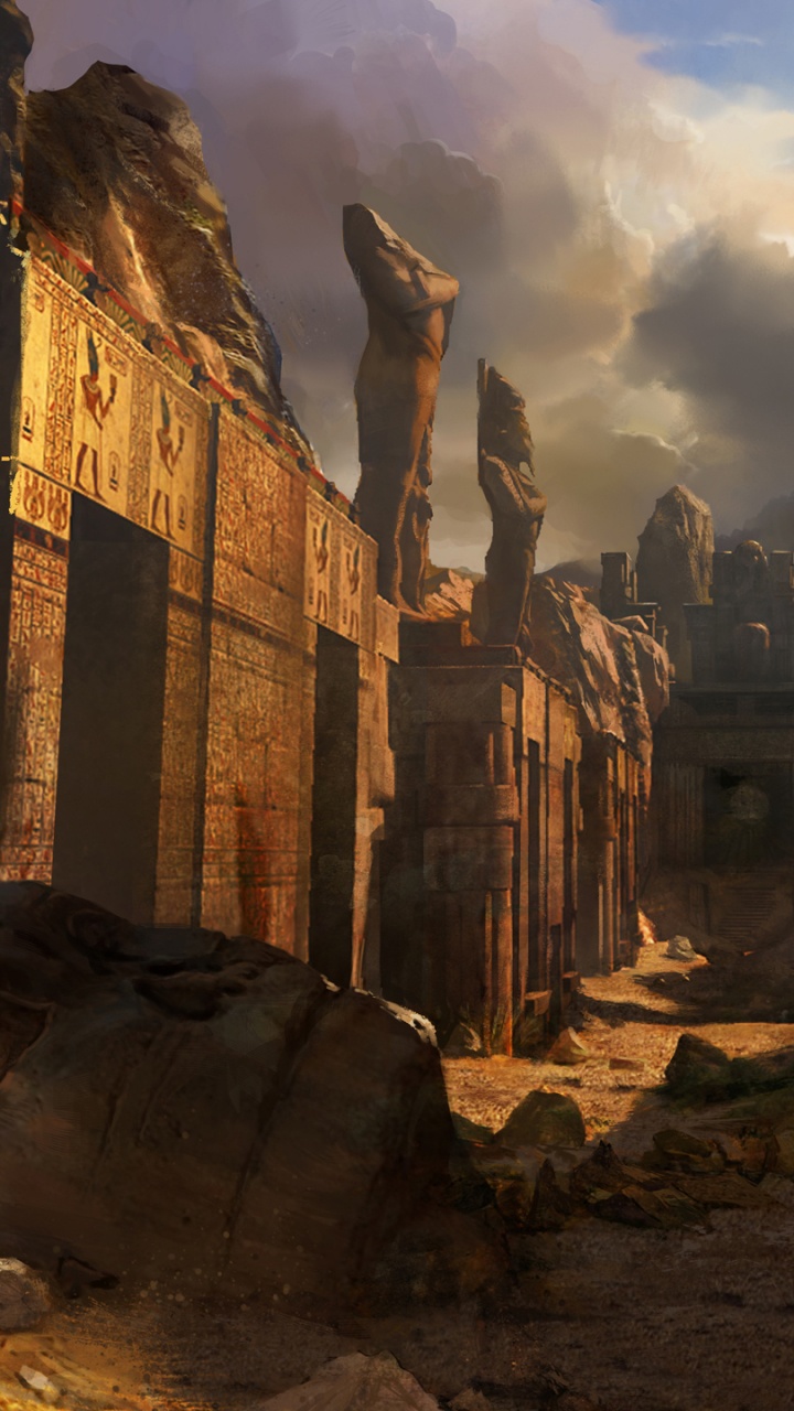 Обои развалины, небо, рисование, произведение искусства, пейзаж в разрешении 720x1280