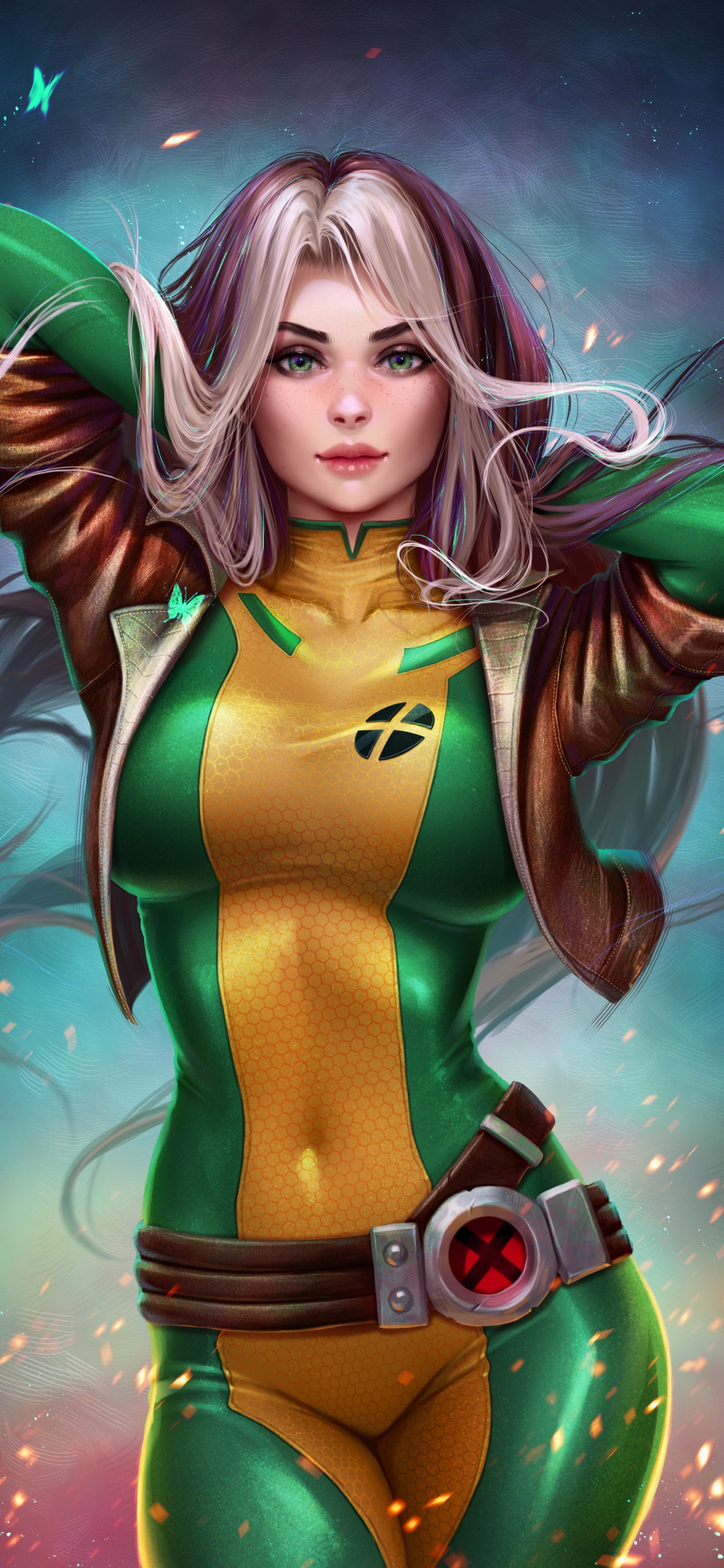 Обои каштановые волосы, прическа, зеленый, рукав, прохлада в разрешении 1125x2436