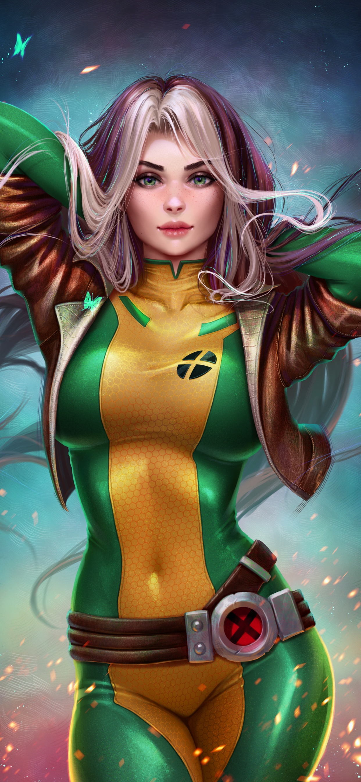 Обои каштановые волосы, прическа, зеленый, рукав, прохлада в разрешении 1242x2688