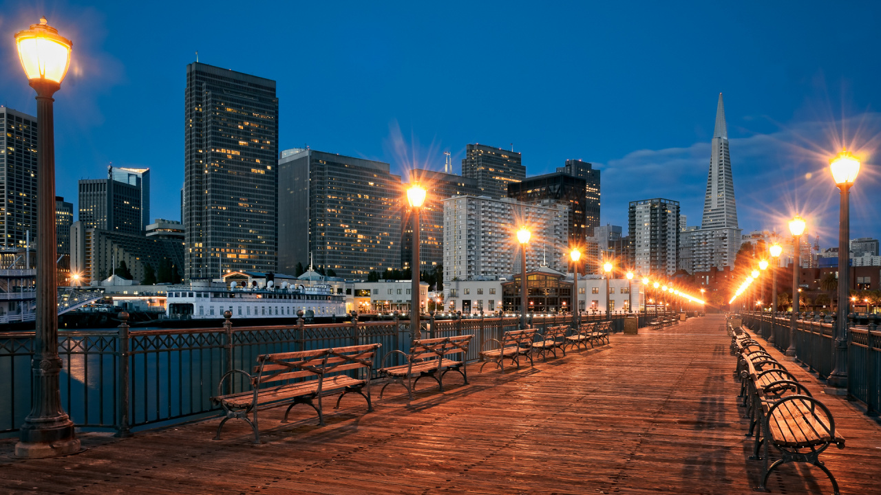 Обои Сан Франциско, город, ночь, городской район, городской пейзаж в разрешении 1280x720