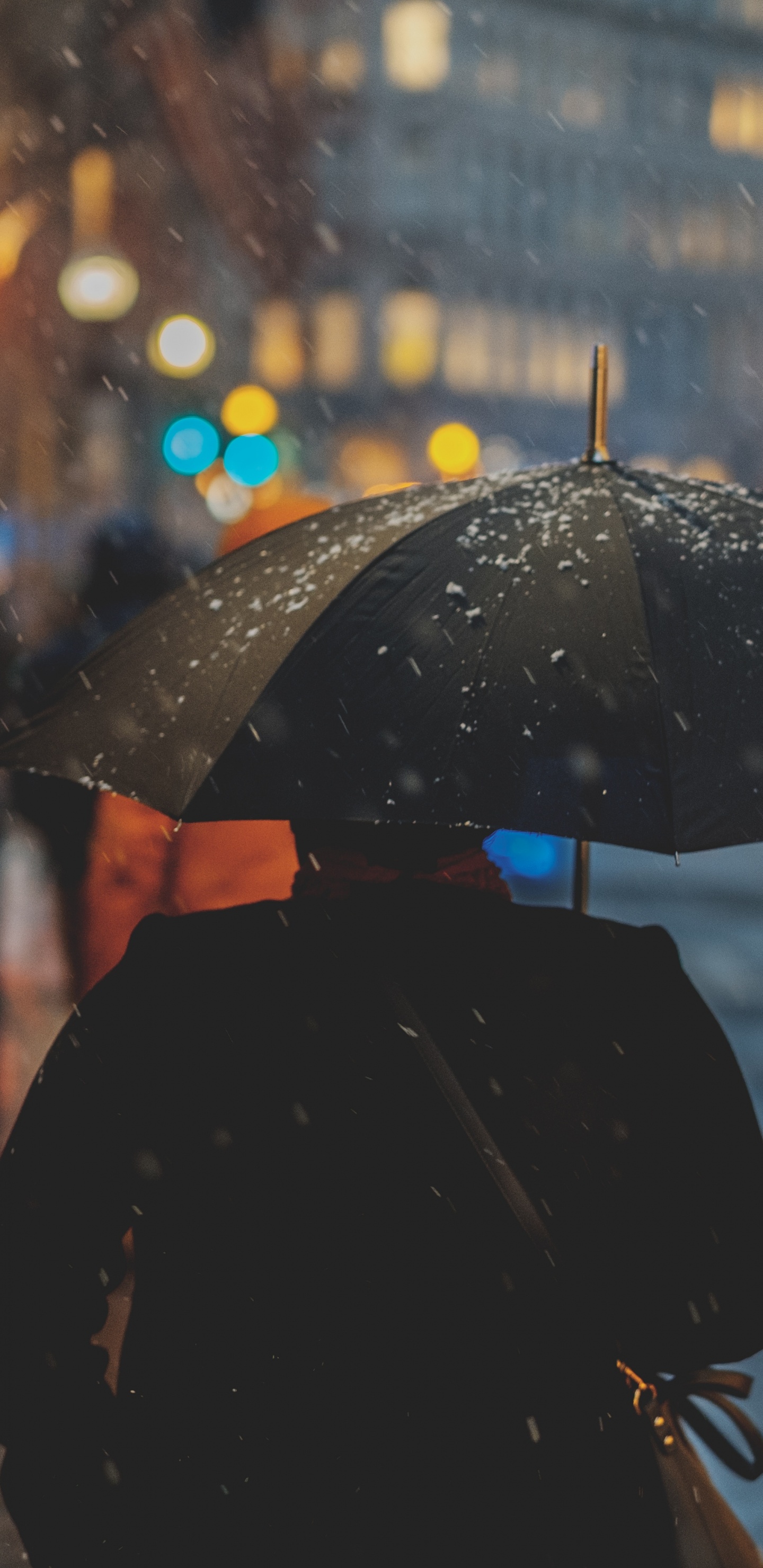 Обои дождь, погода, зонтик, городской район, ночь в разрешении 1440x2960