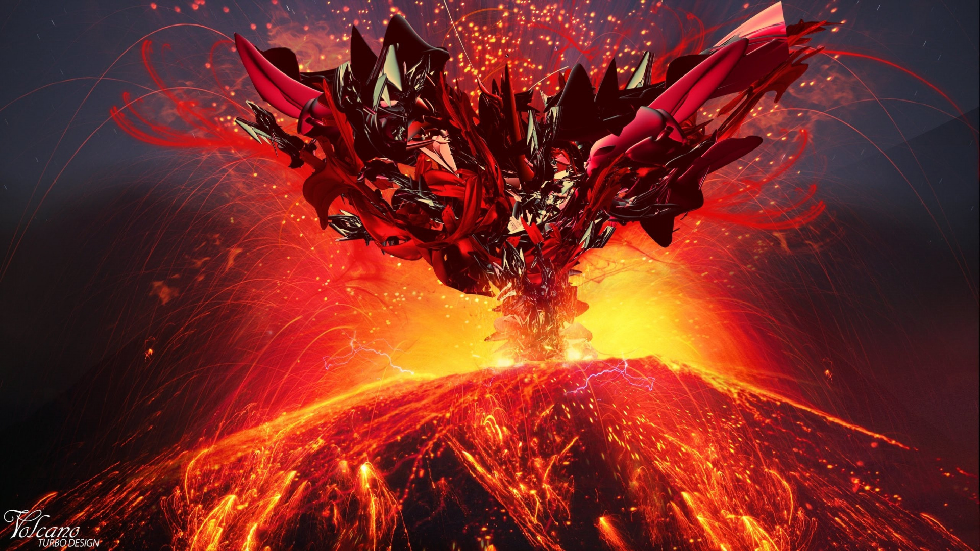 Обои вулкан, лава, графика, небо, Лаки в разрешении 1920x1080