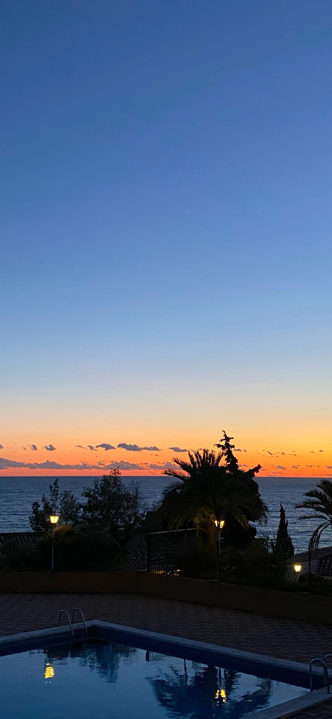 Обои пальмовые рощи, вода, недвижимость, сумрак, закат в разрешении 1125x2436