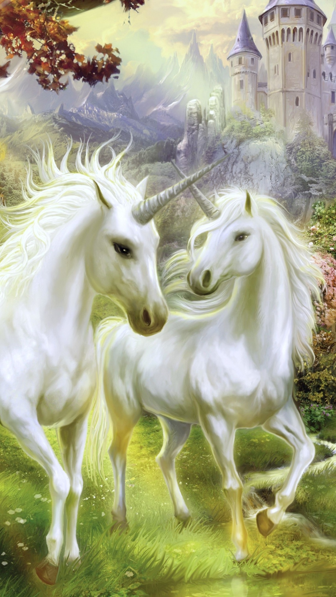 Обои единорог, живопись, природный ландшафт, конь, грива в разрешении 1080x1920