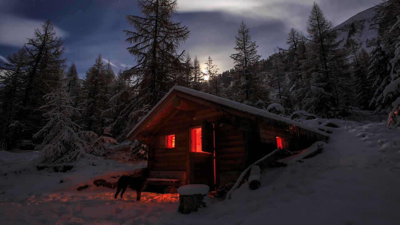 Обои зима, снег, природа, дерево, бревенчатый домик в разрешении 1280x720