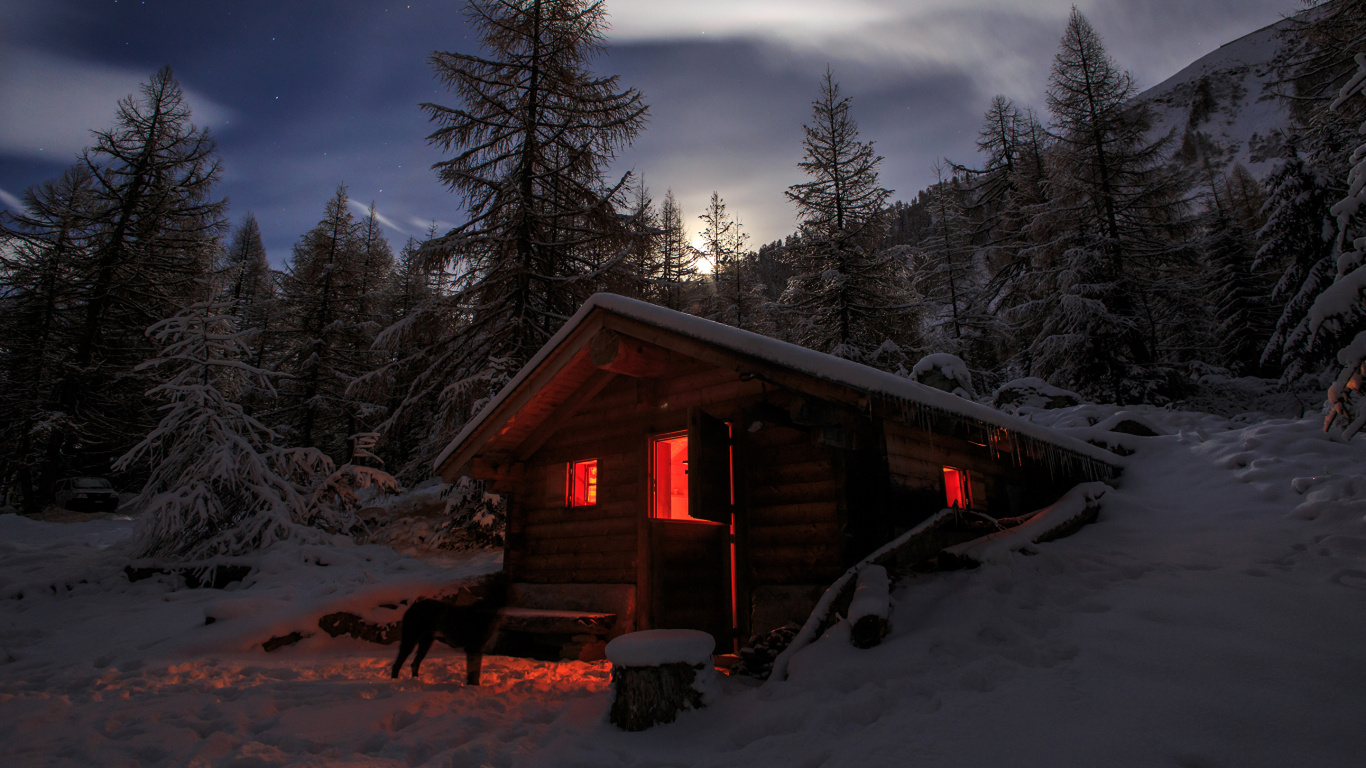 Обои зима, снег, природа, дерево, бревенчатый домик в разрешении 1366x768