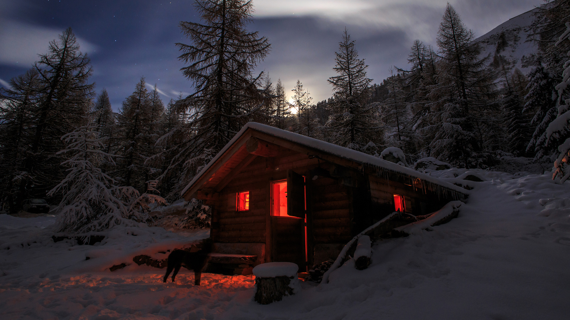 Обои зима, снег, природа, дерево, бревенчатый домик в разрешении 1920x1080