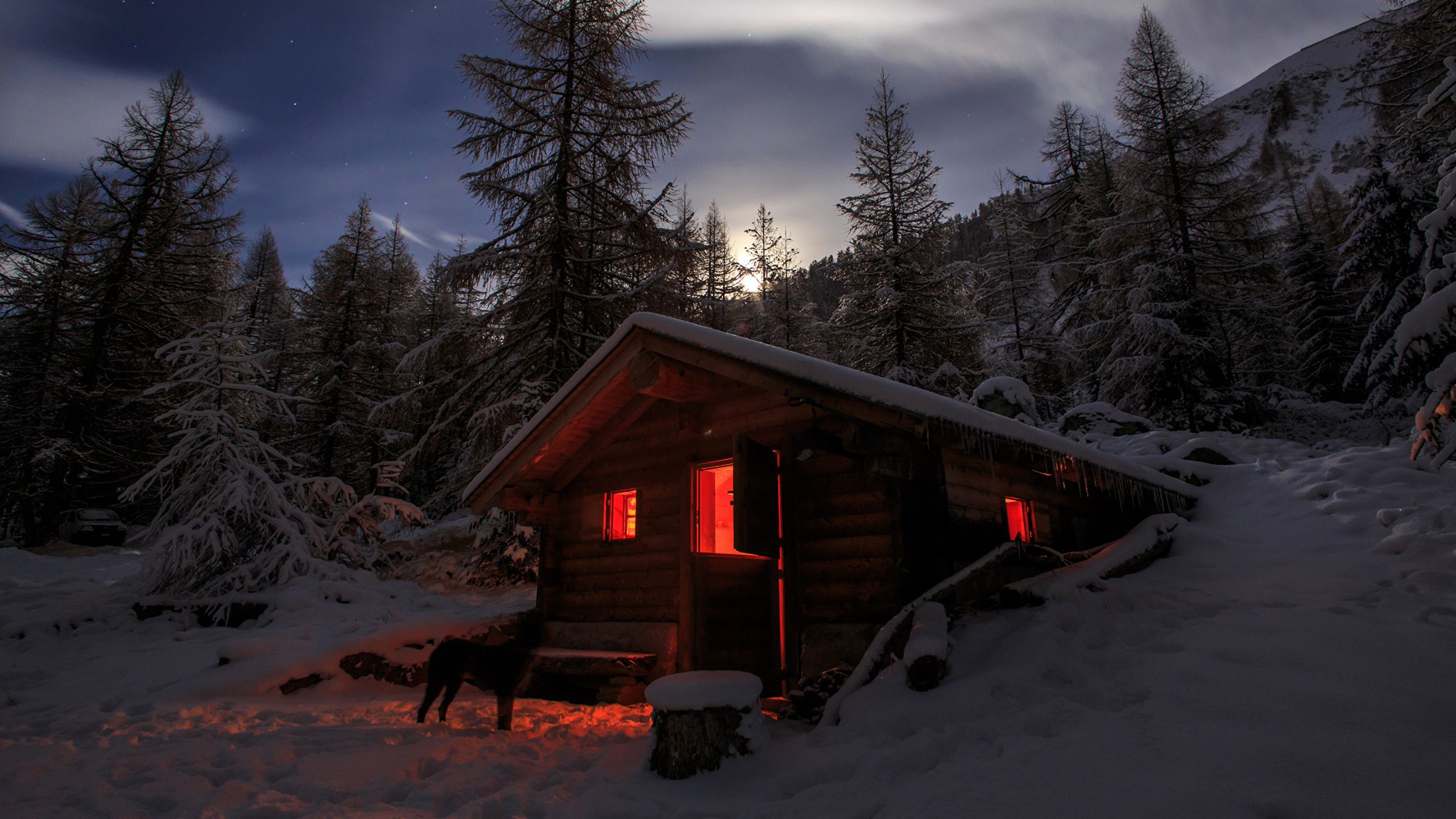 Обои зима, снег, природа, дерево, бревенчатый домик в разрешении 2560x1440