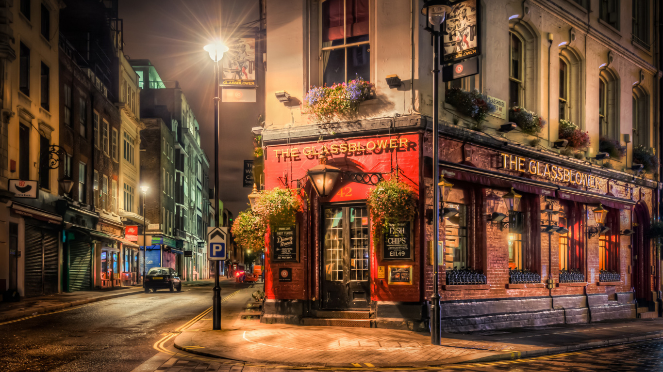 Обои Лондон, ночь, городской район, улица, городок в разрешении 1366x768