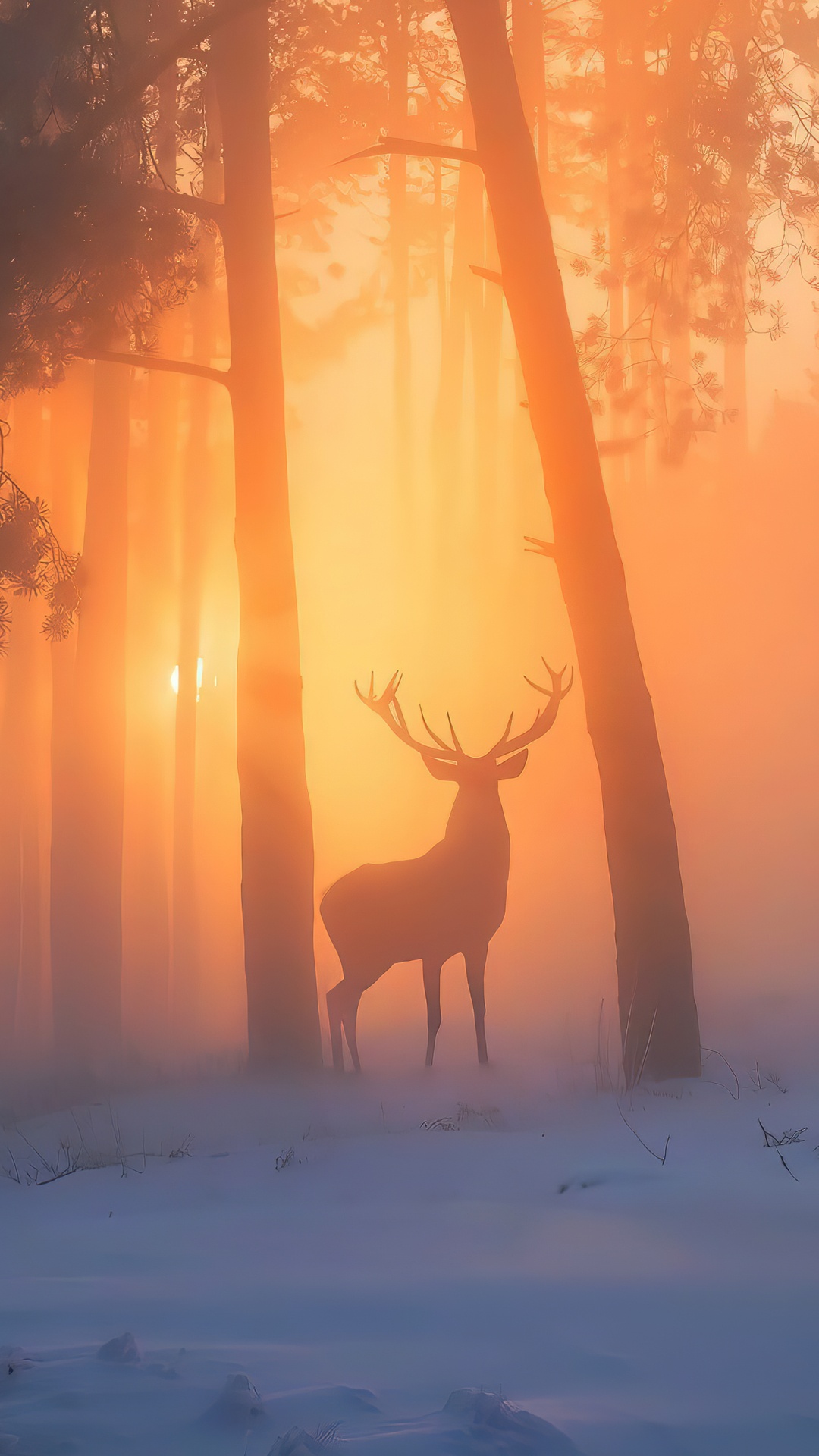 Обои восход солнца, атмосфера, лось, растение, снег в разрешении 1080x1920