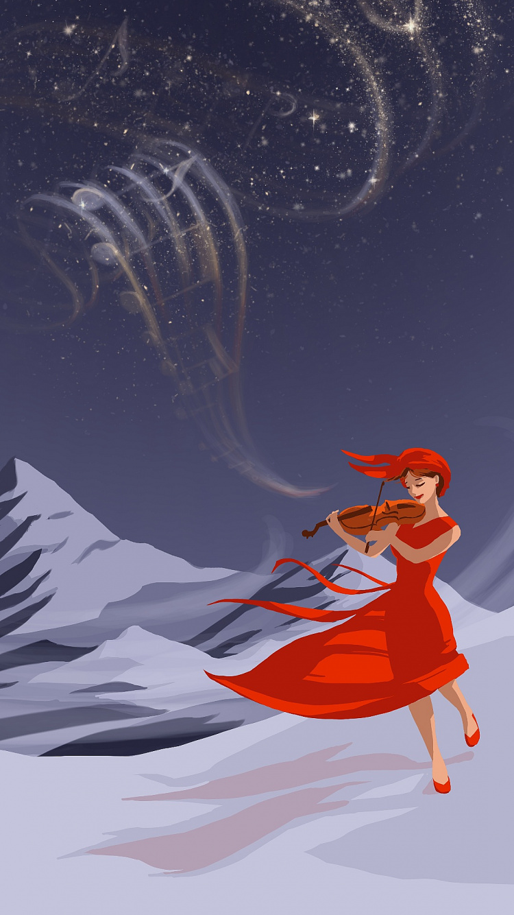 Обои скрипка, wisgoon, снег, мультфильм, живопись в разрешении 750x1334