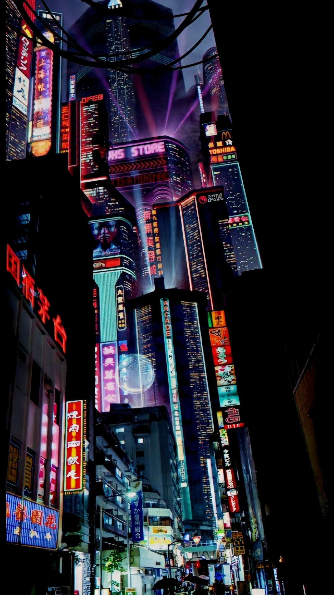 Обои Киберпанк, арт, здание, небоскреб, свет в разрешении 1080x1920