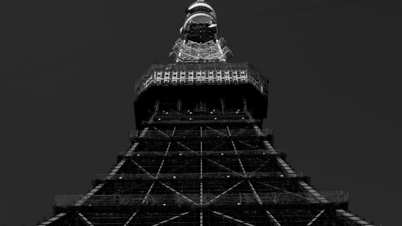 Обои архитектура, ориентир, черный и белый, токийская башня, вышка в разрешении 1280x720